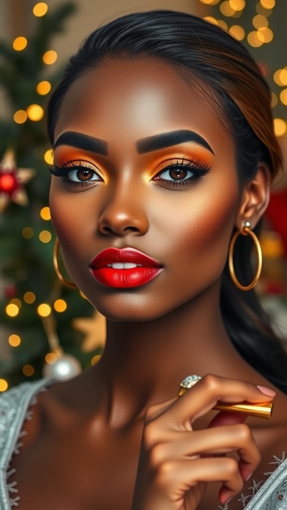 Model with dark skin wearing festive Christmas makeup, featuring red lips and gold eyeshadow against a holiday backdrop.